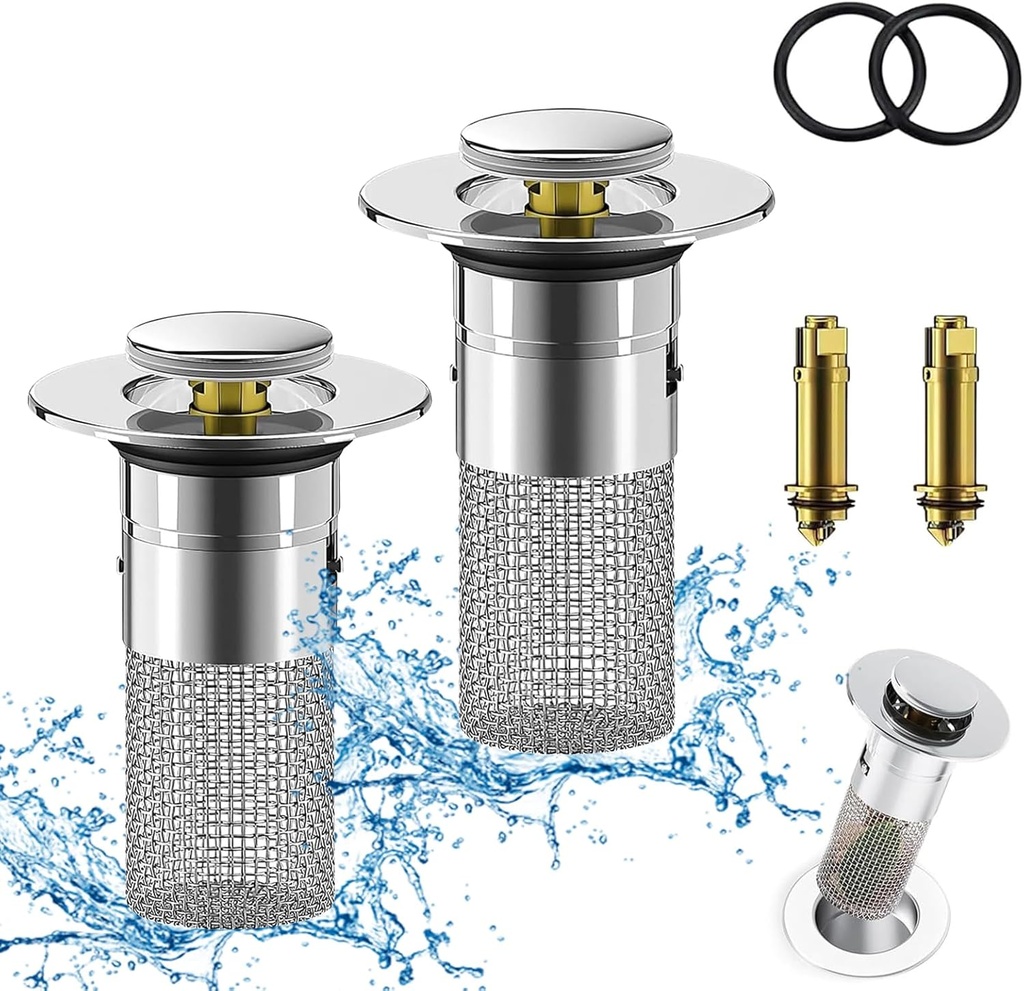 2PCS Bathroom Sink Drain Strainer, Pop-up Sink Drain Strainer with Removable Stainless Steel Strainer Basket Hair Catcher, Bathroom Sink Strainer for Bathroom Sink Stopper Replacement