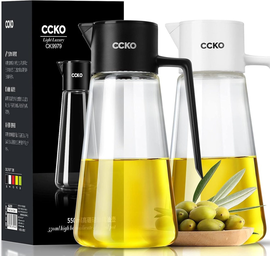 CCKO Glass Olive Oil Dispenser Bottle with Auto Flip Spout 19oz Olive Oil Bottle for Kitchen, No Drip Cooking Oil Dispenser for Soy Sauce, Syrup, Vinegar, Salad Dressing Container (Black)