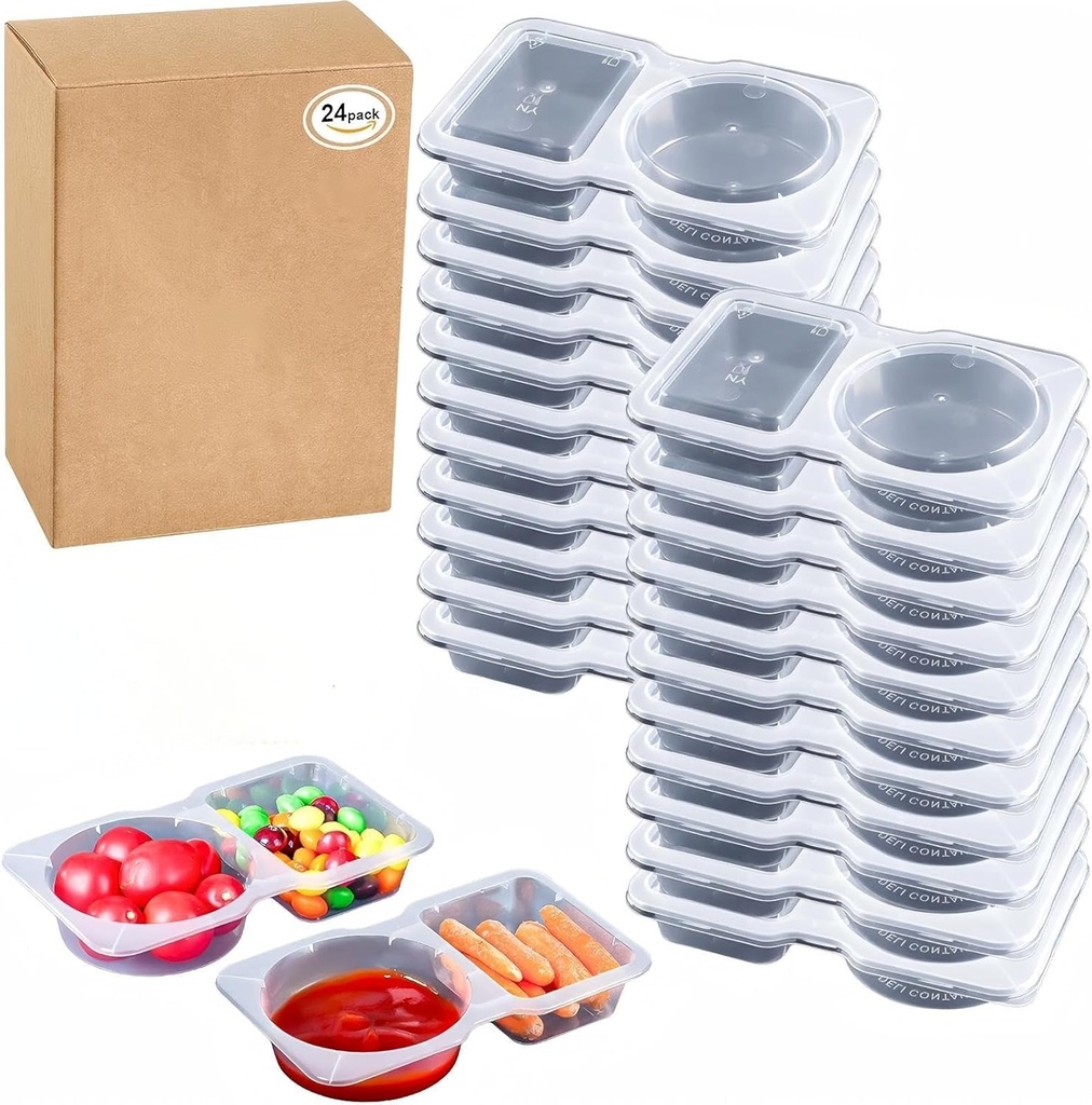 24-Pack Reusable Snack Containers with 2-Compartment with Lid for On-the-Go Snacking, School Lunches, Road Trips, Portion Control & Carb Tracking