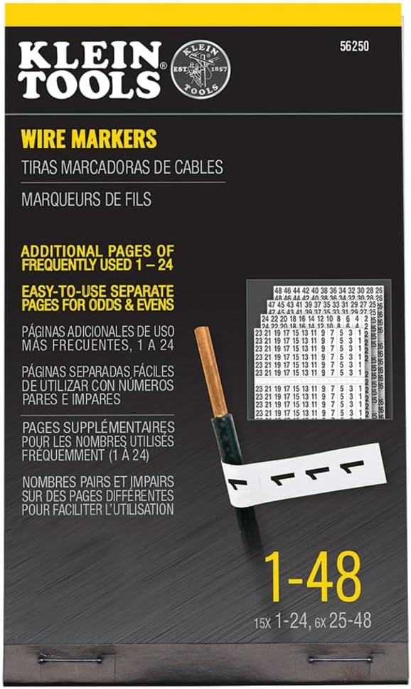 Klein Tools 56250 Wire Marker Book for Cable Management, Electric Panel Organization Wire Label Stickers, Numbered 1-48