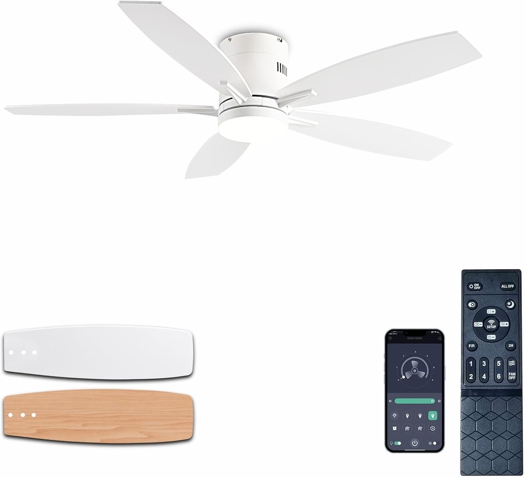 Ceiling Fans with Lights, 52" Low Profile Indoor Ceiling Fan with Light and Remote Control, Dimmable, Noiseless, Reversible, White Ceiling Fan for Bedroom, Indoor/Outdoor Use