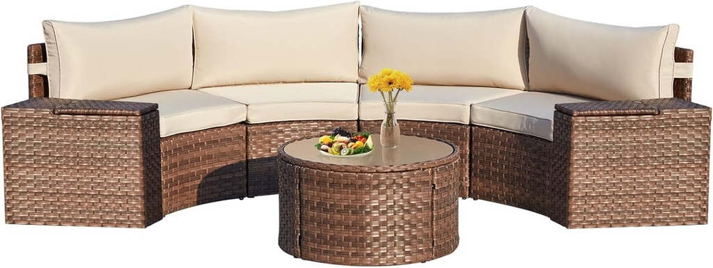 ECOTOUGE 7 Piece Patio Furniture Sets, Half-Moon Circle Conversation Set, Curved Wicker Outdoor Sectional with 2 Storage Armrests and Glass Coffee Table, Garden Balcony and Backyard (Beige)