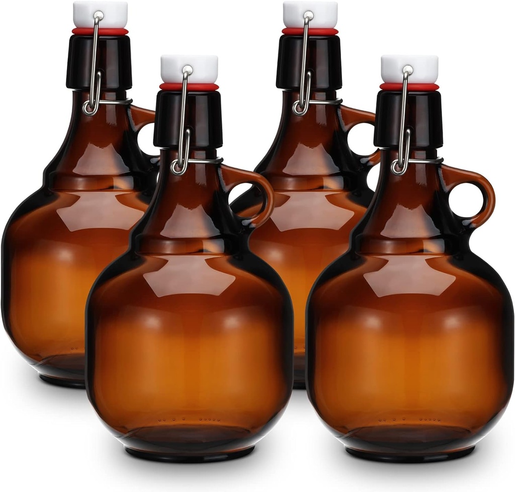Dandat 4 Pcs Growlers for Beer Amber Glass Bottles Beer Bottles Glass Jar with Lid liquid Jugs Soda Cider Alcohol Wine Home Brewing Fermenting(68 oz)