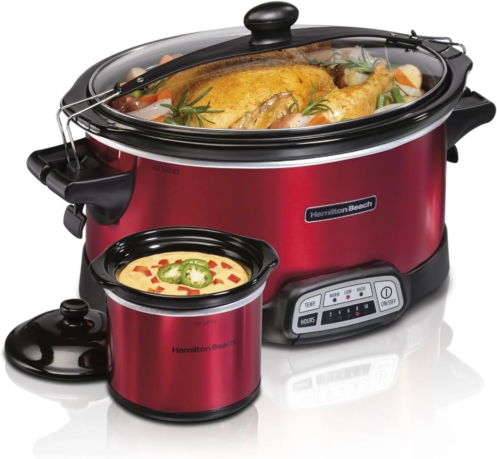 Stay or Go Programmable Slow Cooker with Party Dipper, 7 Quart Capacity, Removable Crock, Red,