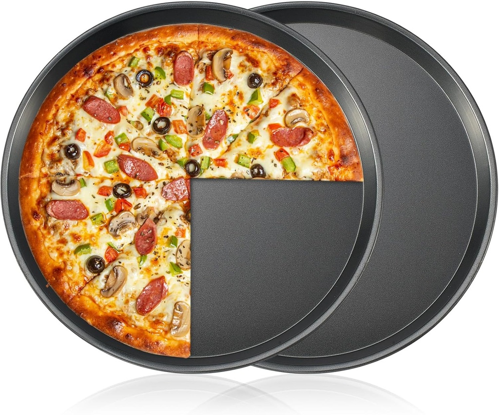 LemonRoad 2 Pcs 12 Inch Pizza Steel Pan for Oven,No-hole Non-stick Carbon Steel Pizza Pan for Reheat Frozen, French Fries Chicken Nuggets