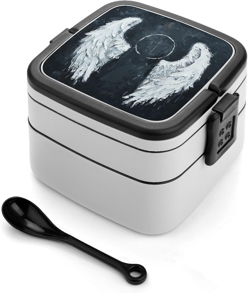 White Angel Wings Bento Box with Spoon, 2-layer Stackable Lunch Box Leak Proof with Invisible Handle, Insulated Food Storage for Office, Picnic & Travel