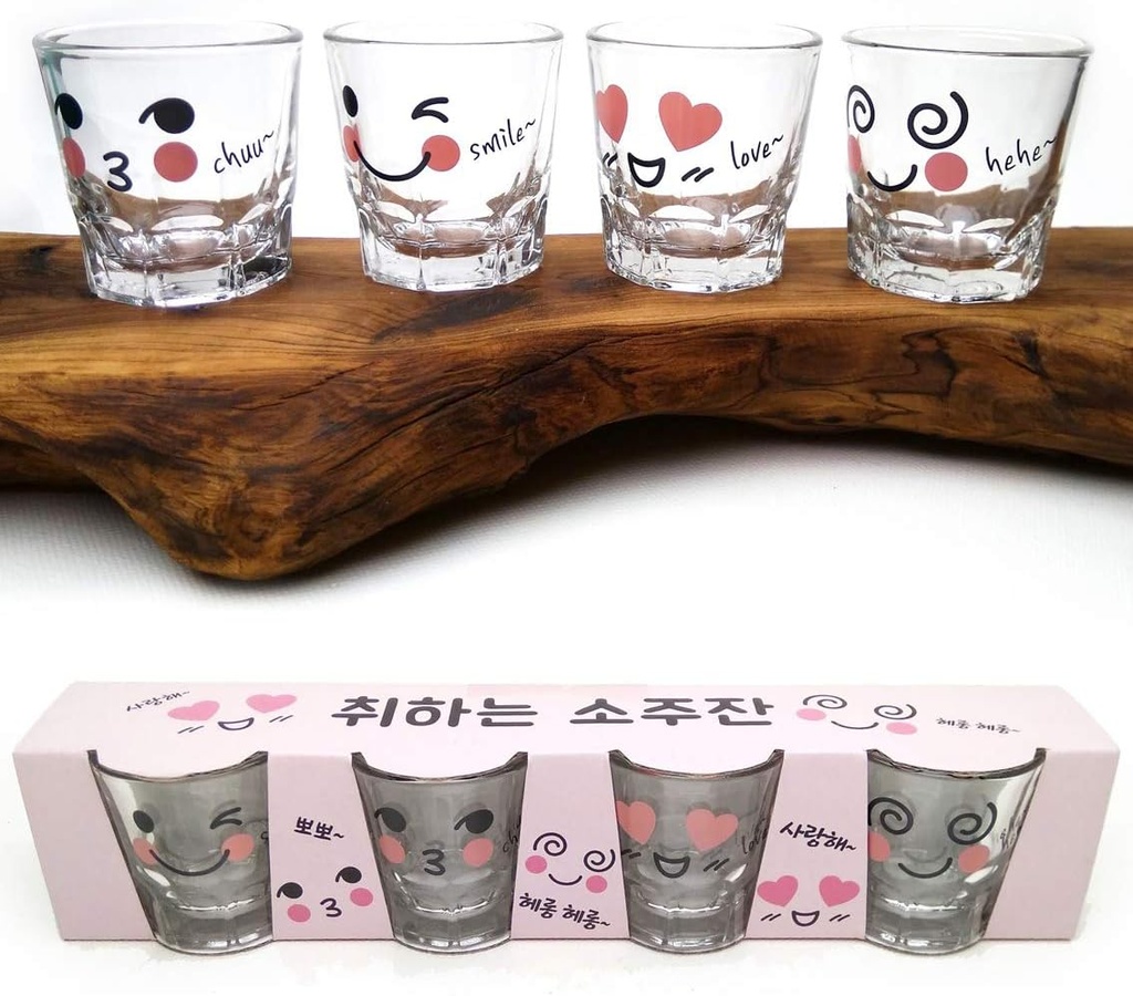 LENITH] Korean Soju Shot Glasses Sets, 1.7 oz, Character Clear Glass, Heart Shaped Glass for Whiskey,Tequila and Liquor. (Characters)