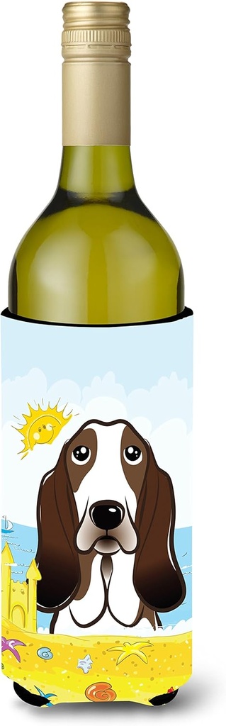 Caroline's Treasures BB2111LITERK Basset Hound Summer Beach Wine Bottle Hugger Bottle Cooler Sleeve Hugger Machine Washable Collapsible Insulator Beverage Insulated Holder