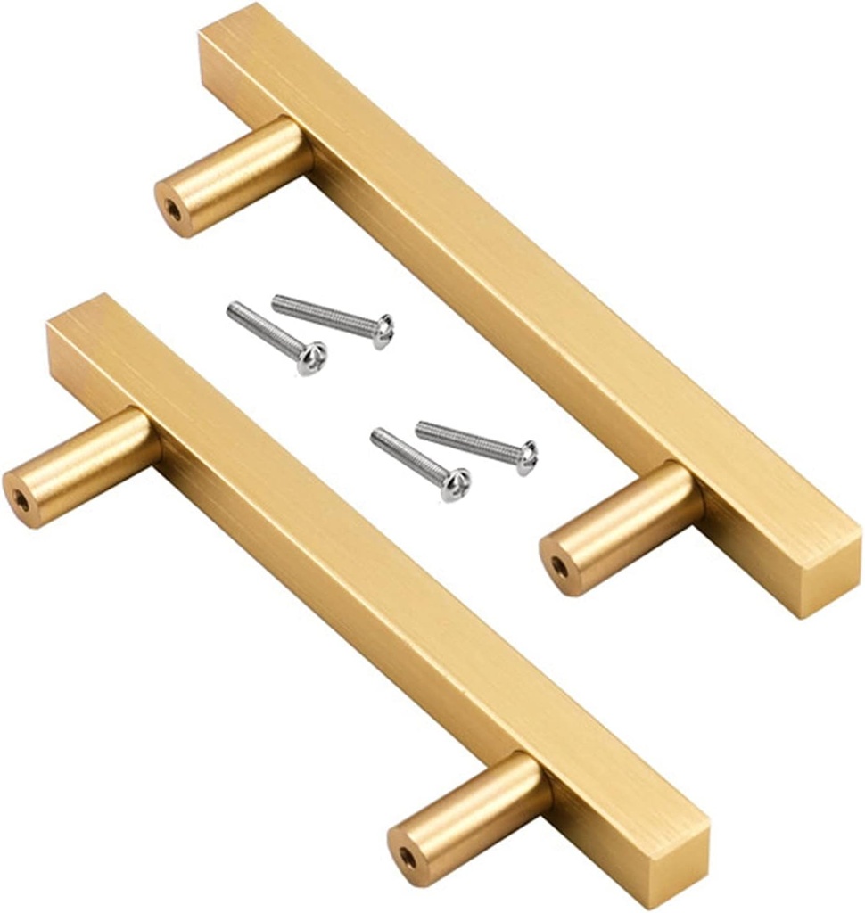 Cabinet Handles,Wardrobe Door Handles,2 Pack Cabinet Pulls solid aluminum alloy Cabinet Knobs T Bar Cupboard drawer Door Handles Square Kitchen Door Levers brushed gold for Closet,Wardrobe,Furniture H
