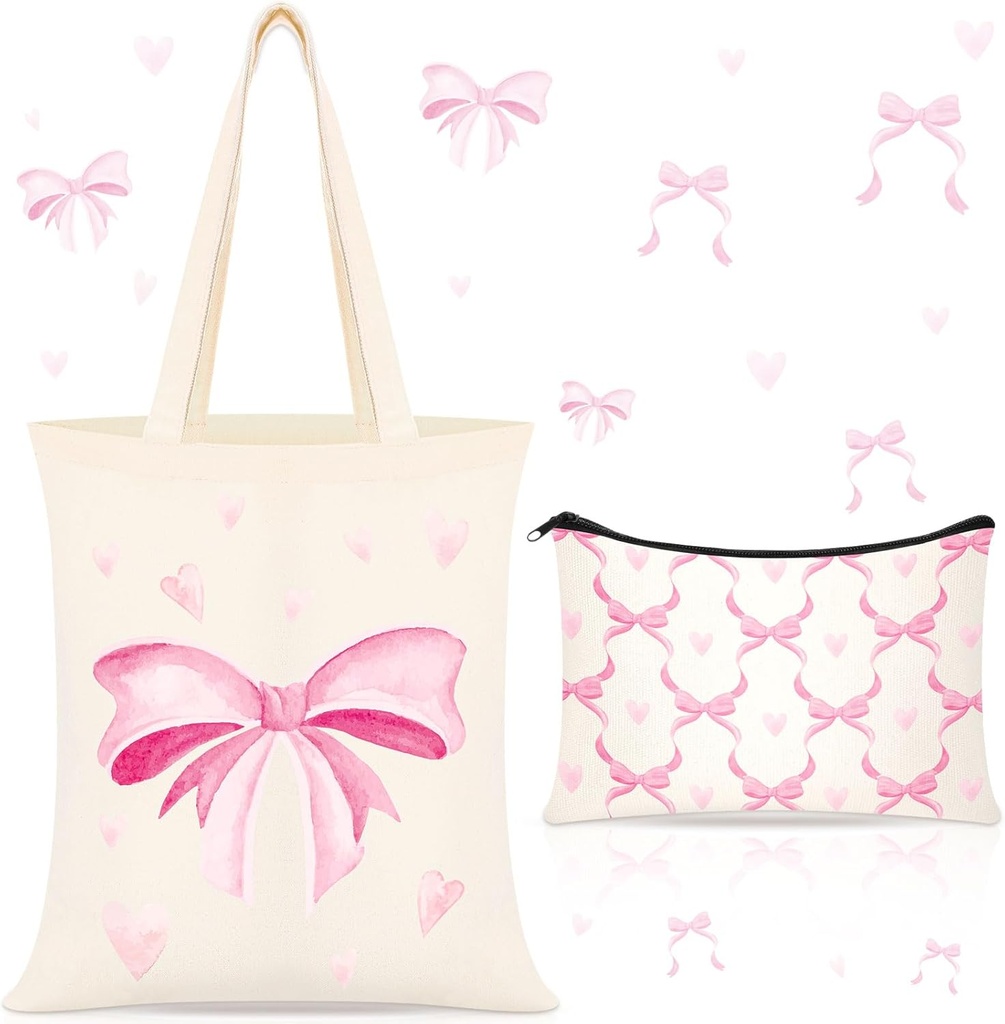 Paterr 2 Pcs Coquette Bow Pink Preppy Canvas Tote Bags with Zipper Makeup Pouch Cute Aesthetic Pink Bow Girl Tote Bag Set Reusable Coquette Gift Bag for Women Lovers Mom Sister Shopping Grocery Travel