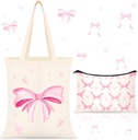 Paterr 2 Pcs Coquette Bow Pink Preppy Canvas Tote Bags with Zipper Makeup Pouch Cute Aesthetic Pink Bow Girl Tote Bag Set Reusable Coquette Gift Bag for Women Lovers Mom Sister Shopping Grocery Travel