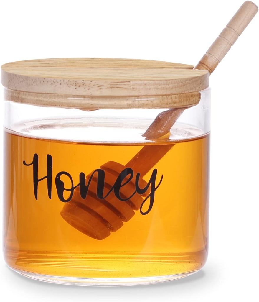 Clear Small Glass Honey Jar with Dipper and Lid, Farmhouse Honey Pot Kitchen Countertop Canisters, Honey Container Jar Dispenser Holder for home kitchen,12 oz