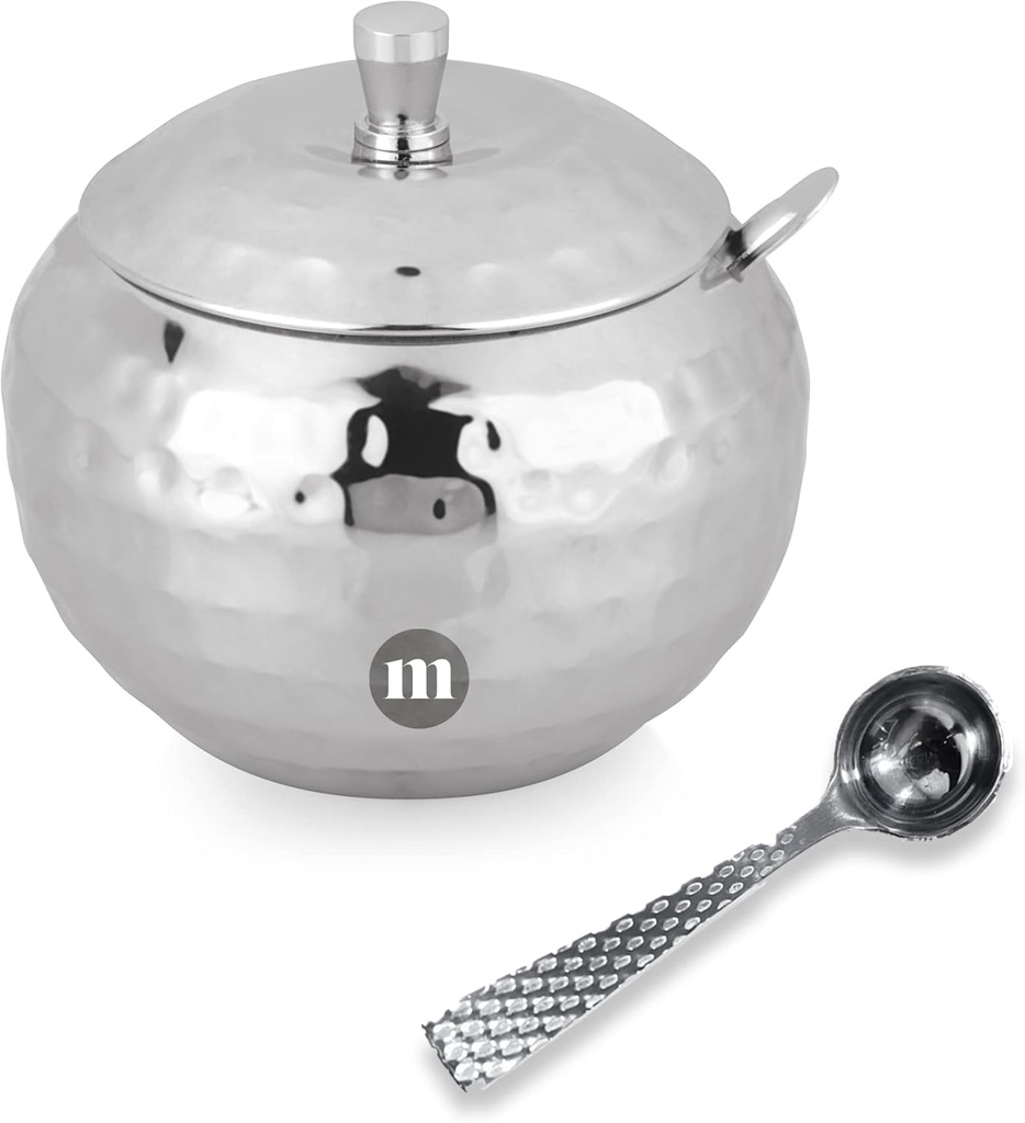 MARU Stainless Steel Sugar Bowl with Lid and Spoon - 1 piece 10.2 oz / 300ml, Hammered Design Steel Ghee Pot, Oil container, Ideal to store sugar, sauces, vinegar, oil, ghee