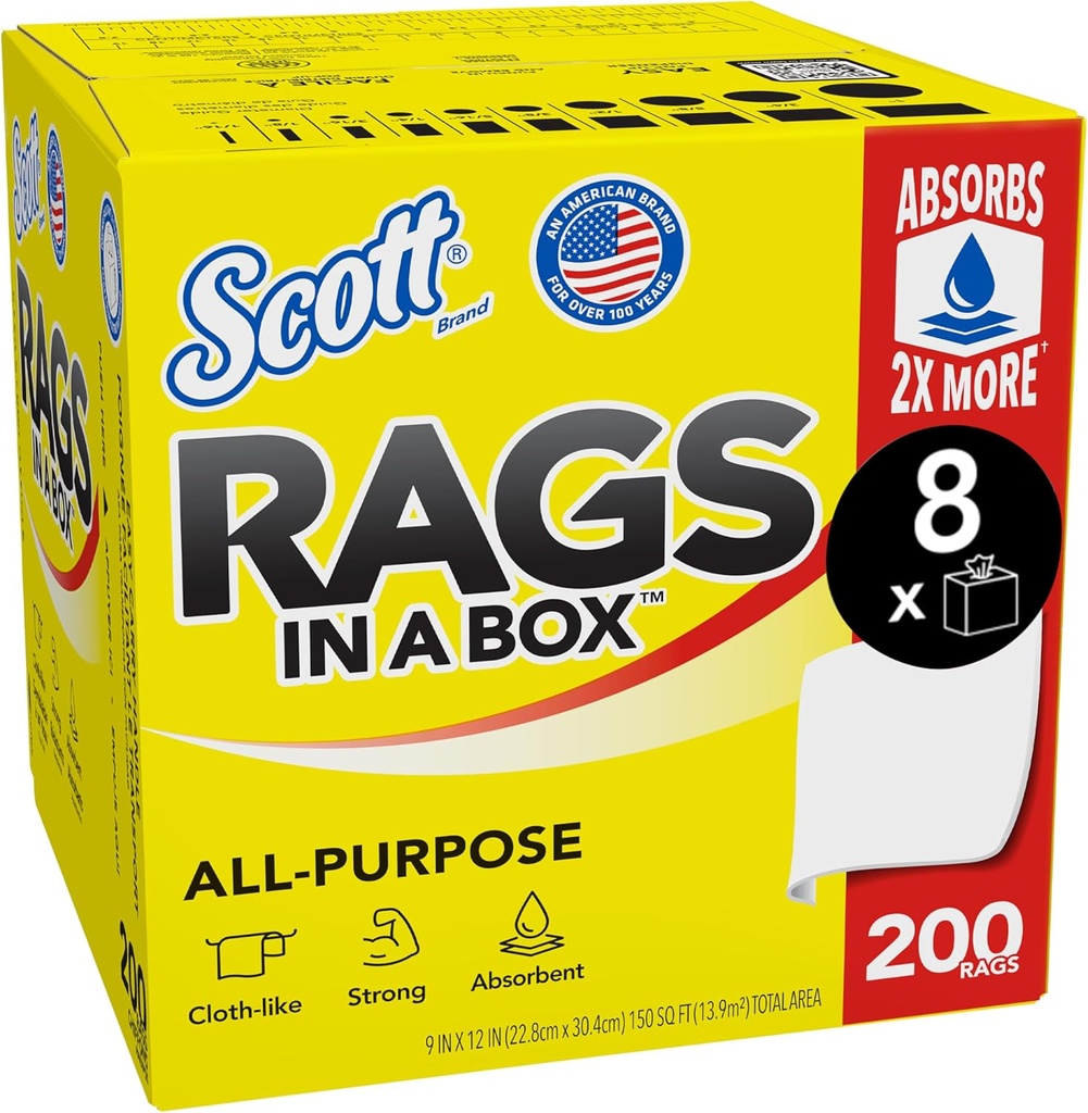 Scott Rags In A Box (75260), All-Purpose Towels, Large 9"x12" Paper Towel, Pop-Up Box (8 Boxes of 200 Sheets, 1,600 Sheet Total)
