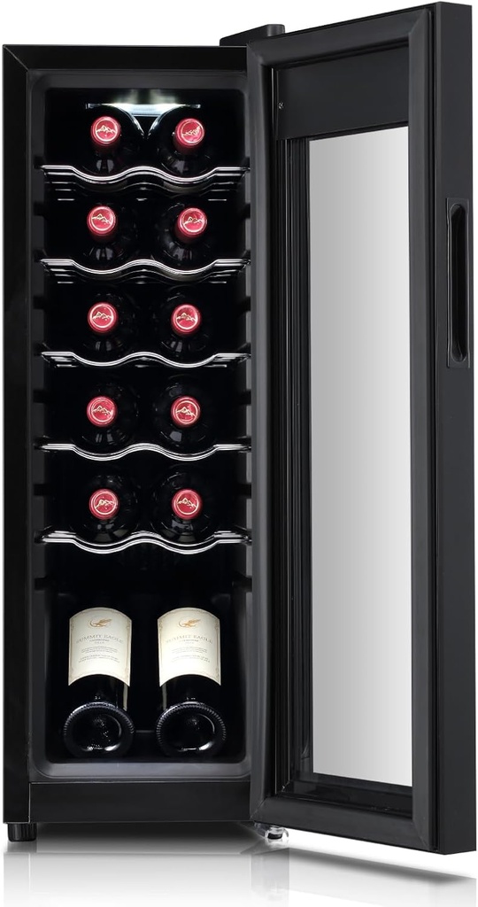 12 Bottle Wine Fridge,41°-64°F Black Wine Cooler Refrigerator For Red&White Wine,Freestanding Stainless Steel Mini Wine Cooler Digital Temperature Control Glass Door For Bar,Home Black