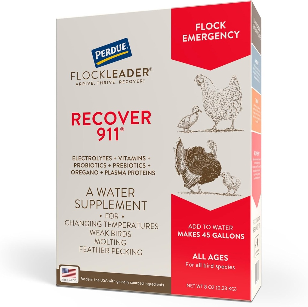Recover 911, Severe Stress Probiotic Water Supplement for Chickens with Electrolytes, Prebiotics & Oregano, Molting, Extreme Weather, and Predator Attack Support, 8 oz