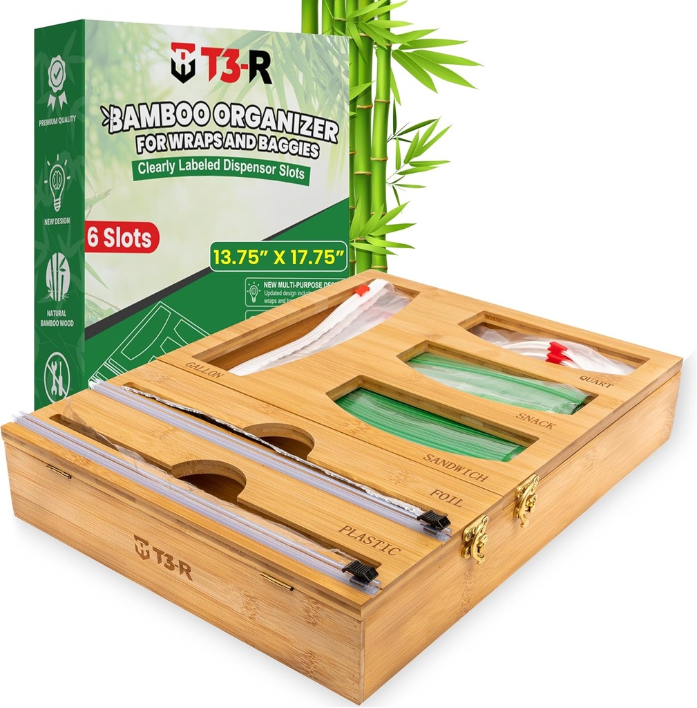T3-R Bamboo Wrap Organizer - 6-in-1 Dispenser with Cutter for Sandwich Bags, Aluminum Foil, Wax Paper and Plastic Wrap