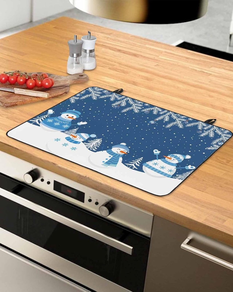 Christmas Countertop Burners Protection Mats for Kitchen, Snowman Snowflakes Christmas Tree Blue Rubber Stove Top Cover Mat, Heat Proof Mats Cooktop Cover for Counter Dish Drying Mat, 36"x21"