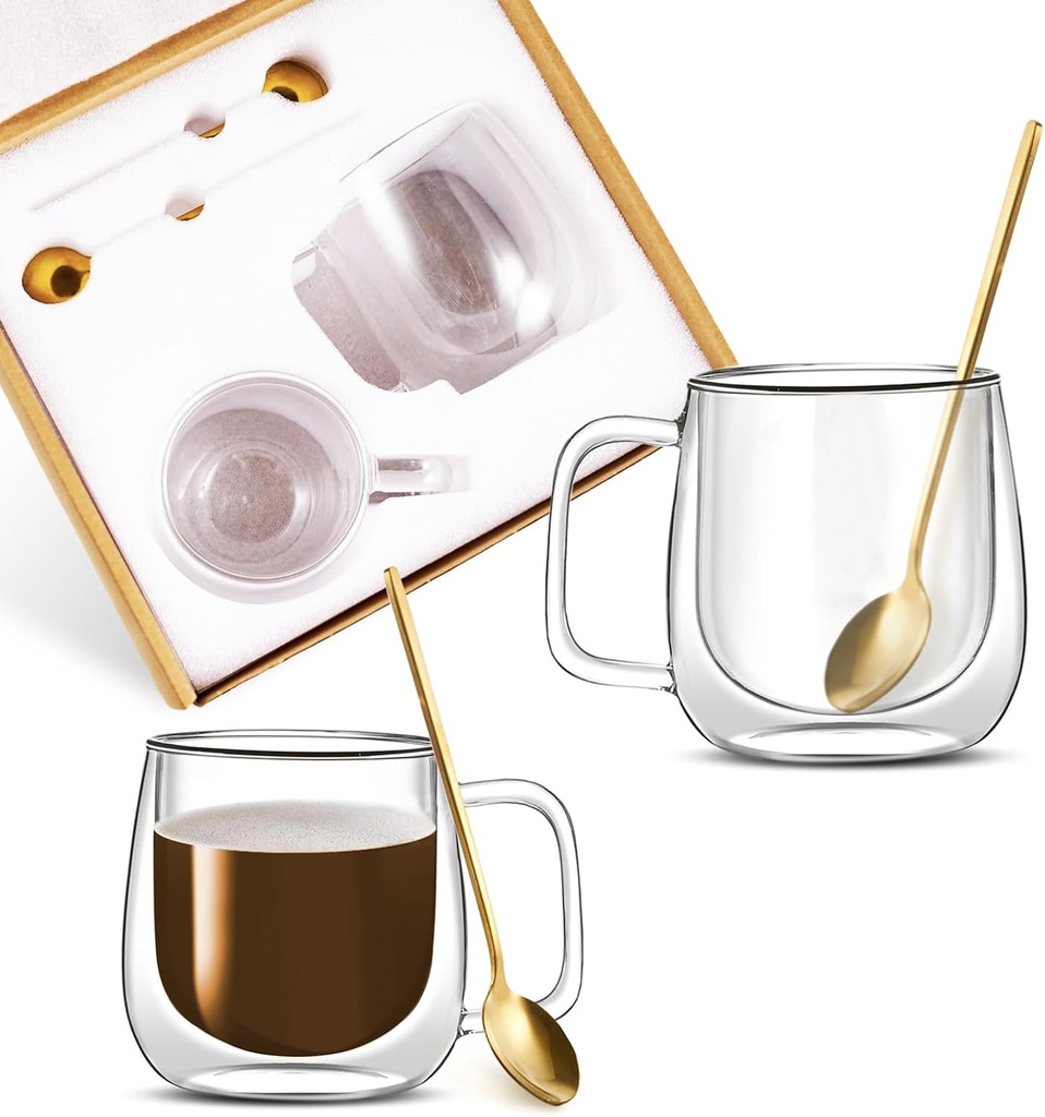 Double Wall Insulated Coffee Mugs, 8 Ounces and 12 Ounces Combination Set with Spoons, Clear Coffee Mugs for Hot Beverages, Cappuccino, Latte and Tea Bags. (XEM3)