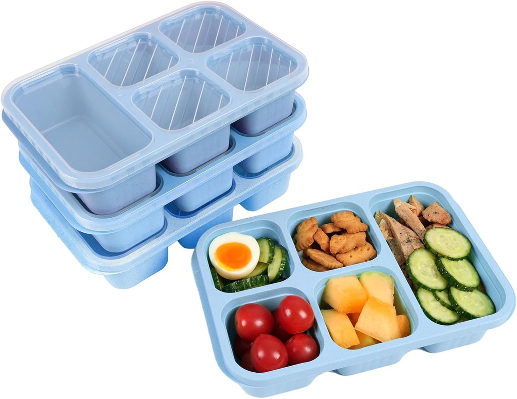 Bento box, 4 snack containers with 5 compartments, reusable meal preparation containers, lightweight lunch containers for children and adults, Stackable, Work, and Travel(Wheat(Blue))