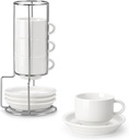 MALACASA 2.5 OZ Porcelain Espresso Cups with Saucers and Metal Stand Set of 4, Stackable Cappuccino Cups, White Expresso Shots Cup Set for Coffee Drinks, Latte, Tea