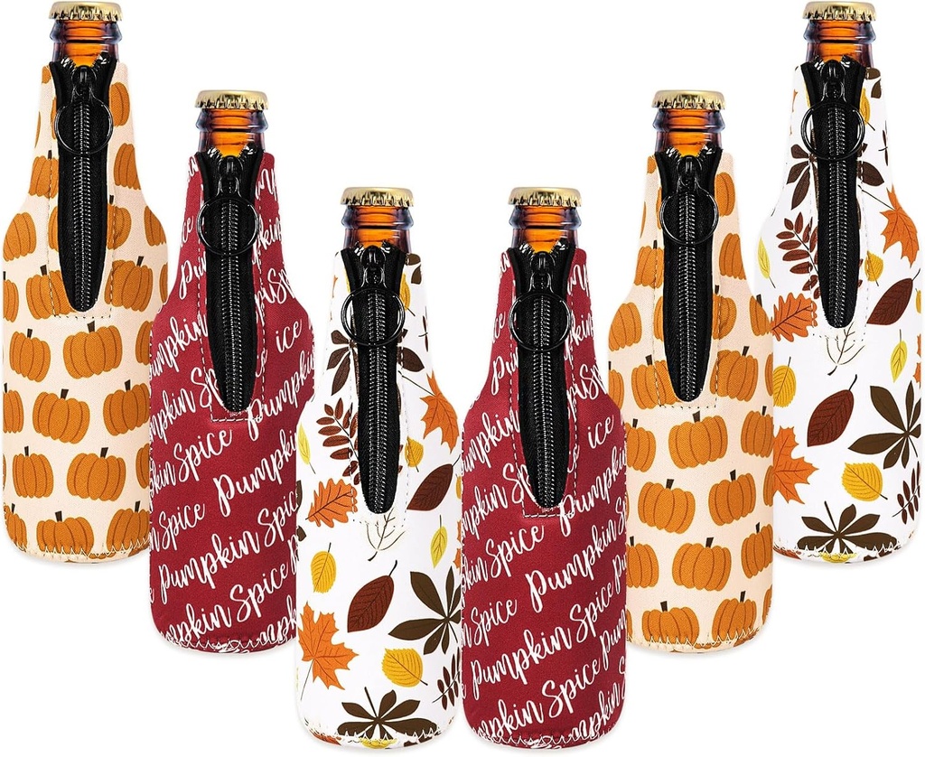 Whaline 6Pcs Fall Thanksgiving Beer Bottle Coolers Neoprene Sleeves Autumn Leaves Pumpkin Thermocoolers Zip-Up Bottle Jacket Sleeves Reusable Bottle Cooler Cover for Thanksgiving Beverage Glass Bottle