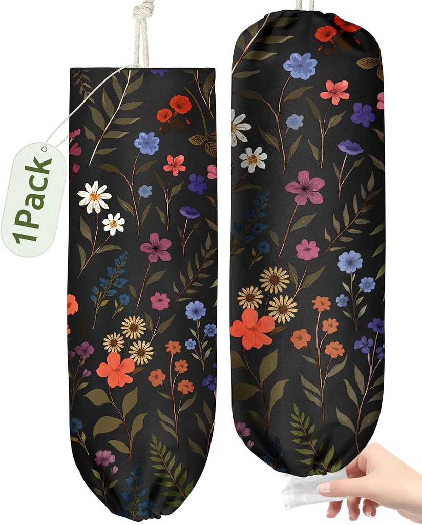 Plastic Bag Holder Organizer - 1 Pack Reusable Canvas Grocery Bags Holder Hanging Wall Cute Aesthetic Shopping Bag Storage Dispenser with Drawstring Closure for Kitchen Home, Black Floral