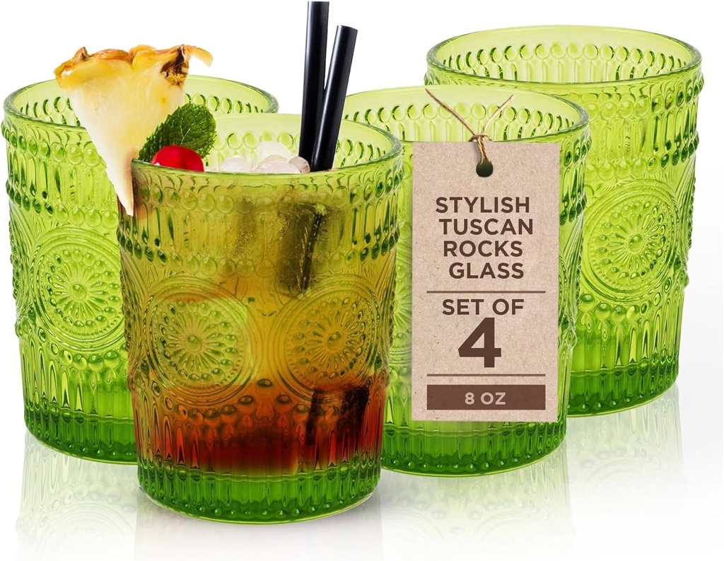 IMPULSE! Tuscan Rocks Glass Set - Olive, Dishwasher Safe, Chic Vintage Style - 8 oz - Ideal for Gin, Mixed Cocktails, Bourbon, Margaritas, Soft Drinks, Beer, Water - Mexican Style Glasses - Set of 4
