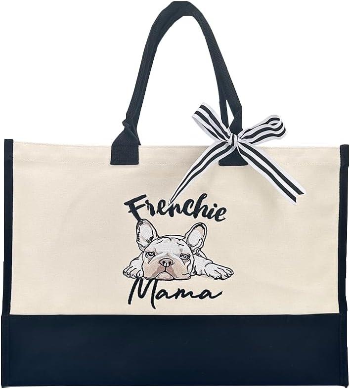 Funny Frenchies Mama Canvas Tote Bag Embroidery Canvas Tote Bags Lightweight Reusable Grocery Shopping Cloth Bagsfunny Frenchies Mama