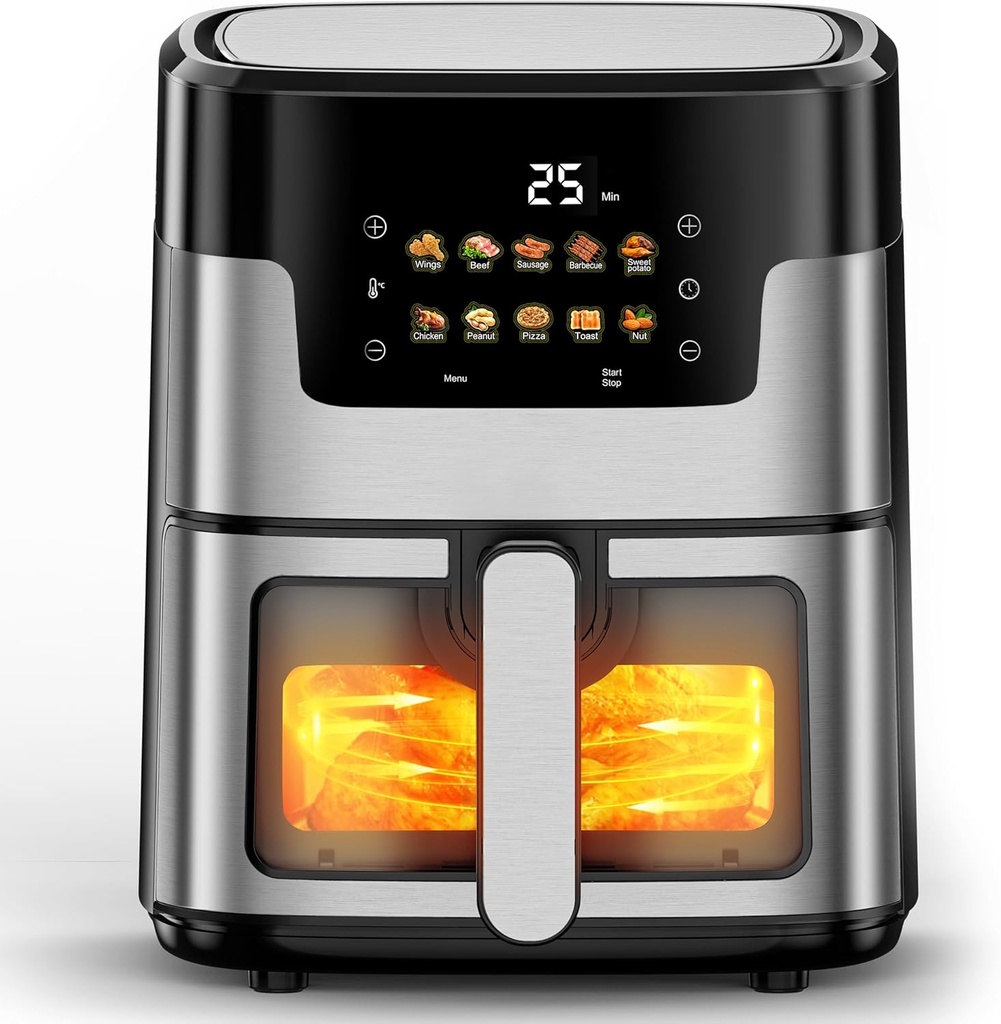 7.5QT Air Fryer, 10 in 1 Touch Screen Portable Air Fryer, Visible Window, 1350W
