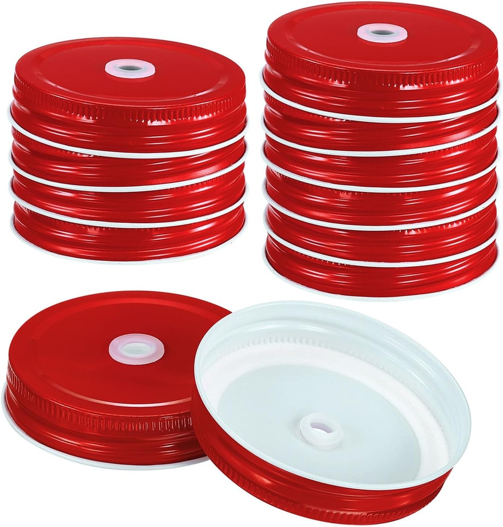 uxcell 12Pcs Mason Jar Lids with Straw Hole, 70mm Tinplate Canning Lids Fits Regular Mouth Mason Jar, Drinking Lids Set Reusable for DIY, Drinking, Daily Food Storage, Red