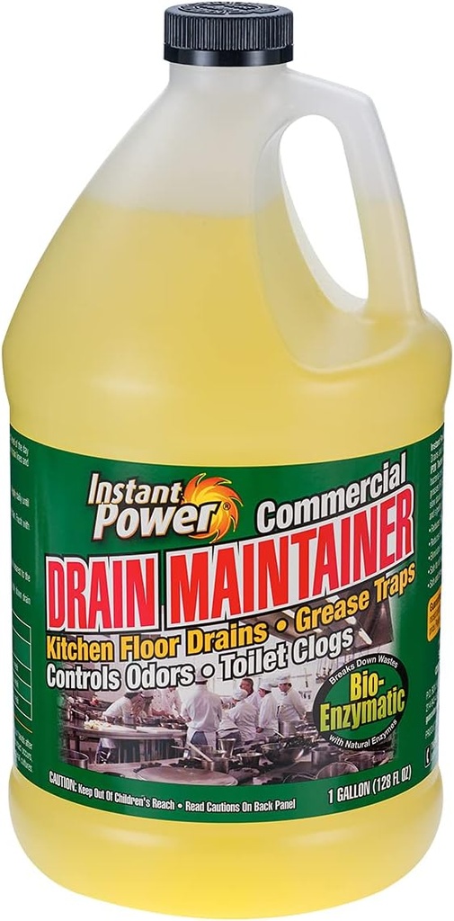 Instant Power Commercial Drain Maintainer - Liquid Enzyme Clog Remover, Cleans and Deodorizes, Reduces Drain Blockages, 1 Gal