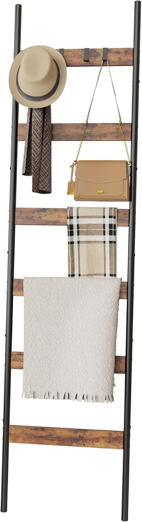 Blanket Ladder, 6-Tier Towel Holder with 4 Removable Hooks, Farmhouse Wall Leaning Decorative Rack Shelf, Wooden Towel Display Rack, Quilt Ladder for Living Room, Bedroom, Rustic Brown