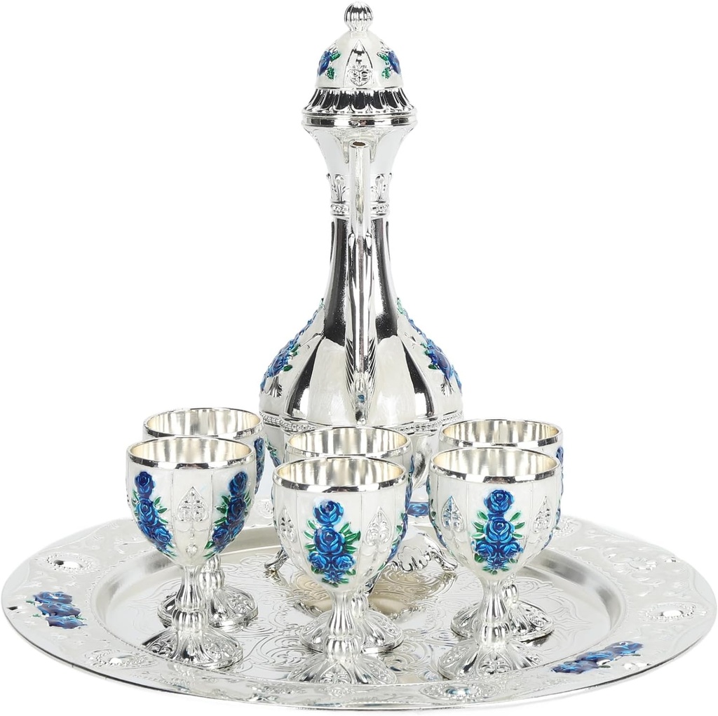 Vintage Metal Wine Glasses Pot Set Zinc Alloy with Tray Pot and 6 Glasses for Home Party Wedding (Sliver White Blue)