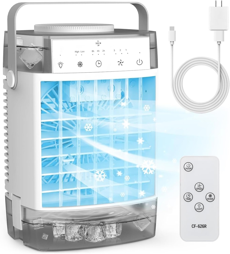 Portable Air Conditioners, 1600ml Dual Water Tank Portable AC Unit, 3 Speed 2 Mist Mode Evaporative Air Cooler Fan Cooling Fan, Personal Mist Fan with Remote Adapter Timer 7 Lights