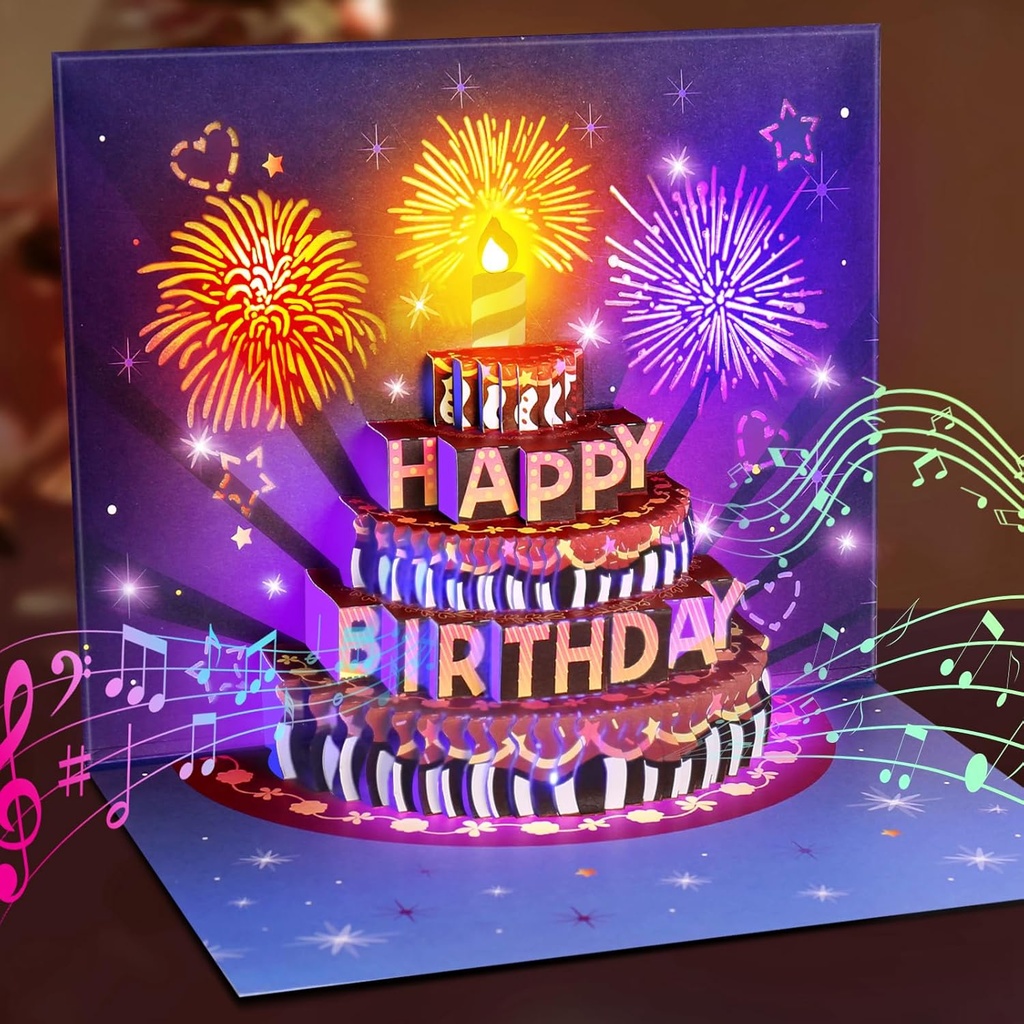 INPHER Birthday Cards Fireworks Pop Up Cake Light and Music Happy Birthday Gifts Decorations for Women, Men, Mom, Grandma
