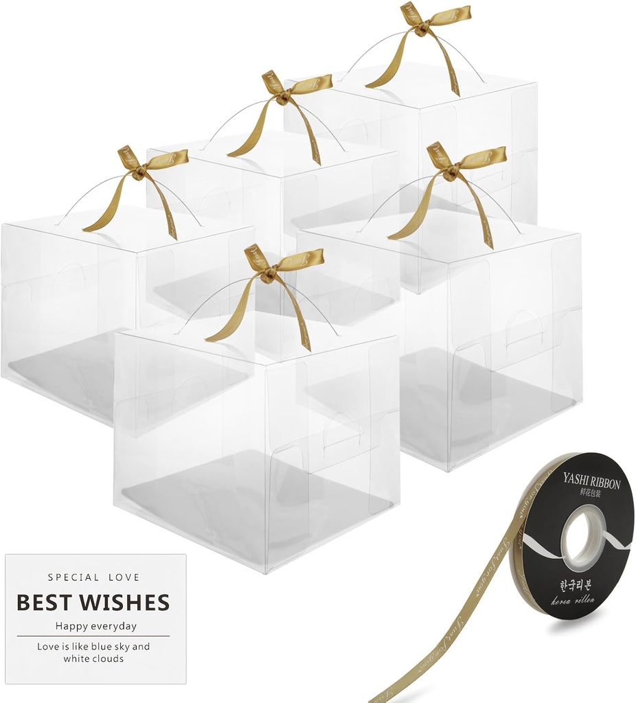 CYEAH 30Pcs Clear Cake Box, 6 x 6 x 5 Inch Bento Cake Box with Handle, Clear Gift Boxes with Ribbons & Stickers for Cake, Bakery Boxes Packaging Carriers for Cookie Candy Wedding Party