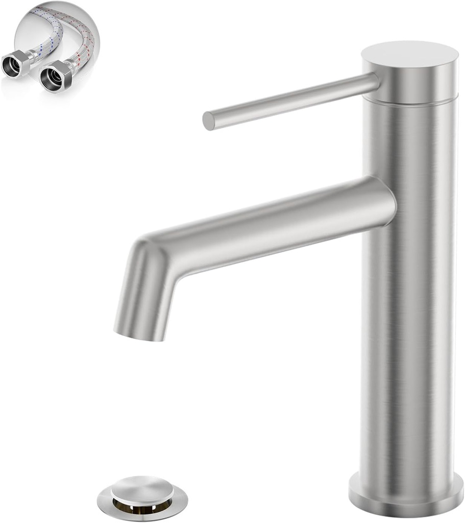 Phiestina Brushed Nickel Bathroom Sink Faucet, Single Hole Single Handle RV Bathroom Faucet, with Water Supply Line and Metal Pop Up Drain, SGF06-BN