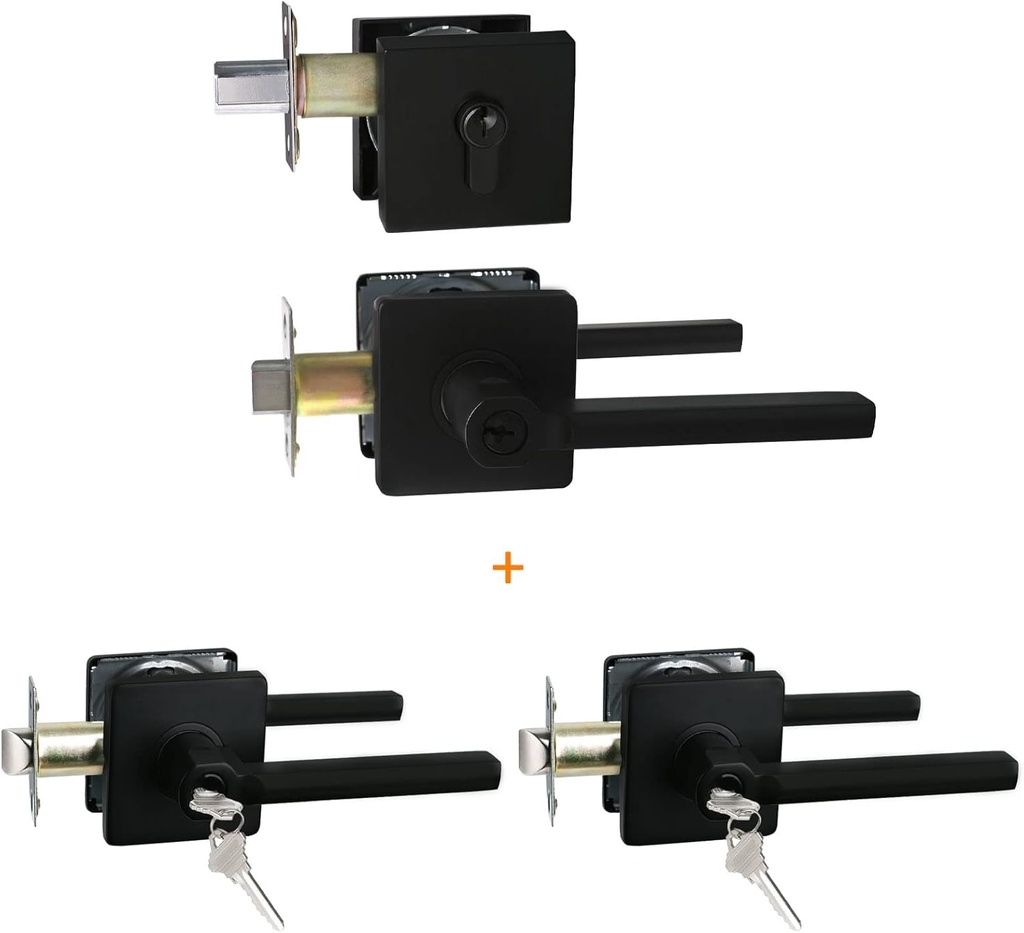 NEWBANG (1 Pack Entry Combo with Deadbolt + (2 Pack) Keyed Entry Door Lever in Matte Black
