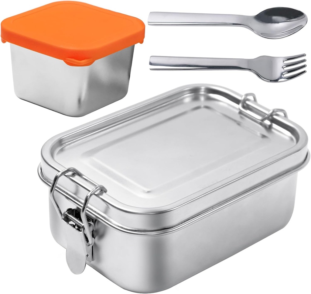 1 Pcs 550ml Stainless Steel Bento Box with 1 Spoons and 1 Forks and 1 Pcs Dip Cups with Lids, Food Containers with Lids for Work, Office, Travel (Silver)