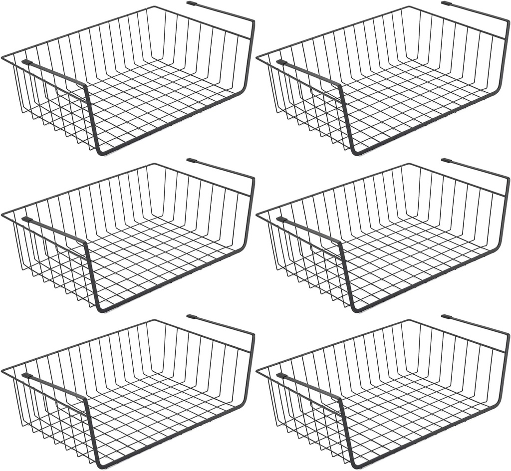 Under Shelf Basket, 6PCS Hanging Storage Basket for Pantry Cupboard Laundry Room Slide-in Baskets Organizer for Kitchen Counter Desk Bookshelf, Space Saving, Easy to Install, Black