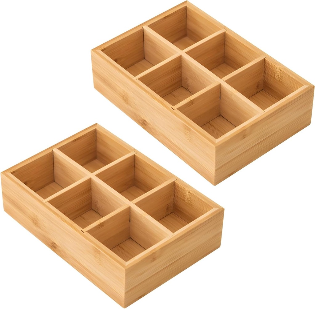 Bosreroy 2 Wooden Tea Bag Holders with 6 Compartments for Tea Bags, Coffee Pods, Sugar Packets, Office & Kitchen Organization, 9.4 X 6.5 X 2.5