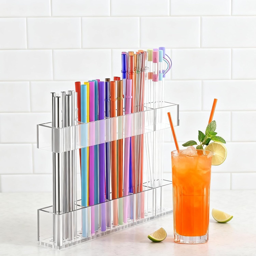 Adjustable Two-Part Large Acrylic Straw Holder for Cabinet Door - 2025 Upgraded Straw Dispensers with Double Sided Adhesive Tape, Ultra Sticky Cupboard Door Mounted (Transparent)
