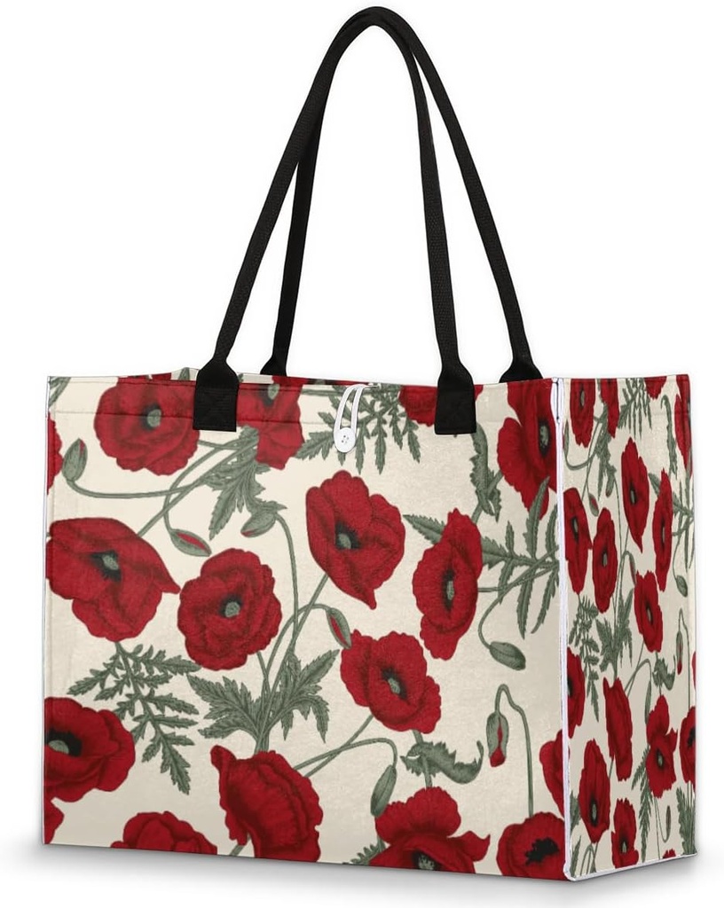 Poppies Red Flowers Tote Bag for Women Large Beach Bag Reusable Grocery Bags Tote Bag for Work Shopping Travel Beach
