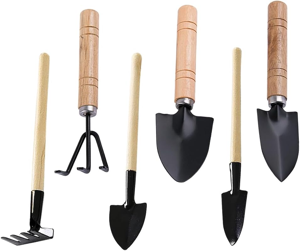 6 Pcs Wood Handle Miniature Shovels Small Flower Gardening Shovels Trowel Mini Succulent Hand Rakes Potted Plant Rakes Spade Fairy Garden Tool Set for Herbs Bonsai