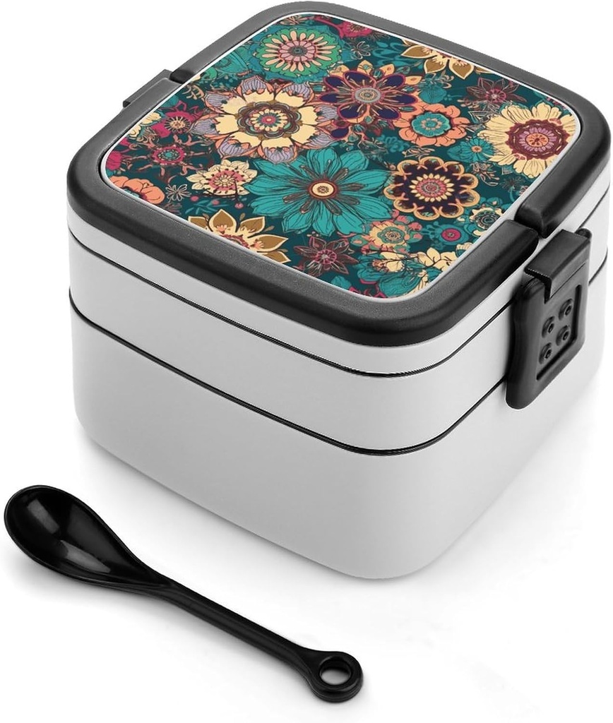 Adult Double-Layer Bento Box Bohemian Flower Portable Lunch Box with Spoon And Invisible Handle Leakproof Microwave-Safe Food Container for Work Travel Camping