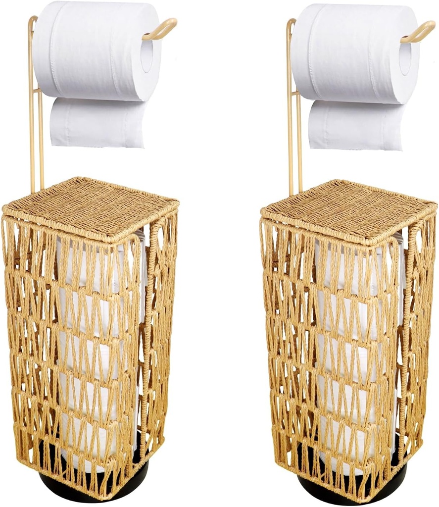 2 Pack Free Standing Toilet Paper Holder with Shelf, Bathroom Floor Toilet Tissue Holder Stand Handwoven Bath Pedestal Square Toilet Paper Roll Holder Storage Organizer Basket Rack Dispenser