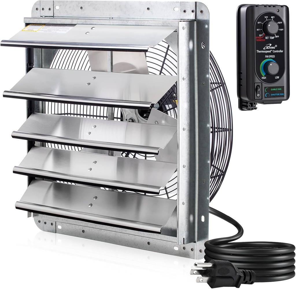 iLIVING 18" Wall Mounted Shutter Exhaust Fan, Automatic Shutter, with Thermostat and Variable Speed controller, 0.85A, 1736 CFM, 2600 SQF Coverage Area Silver (ILG8SF18V-ST)