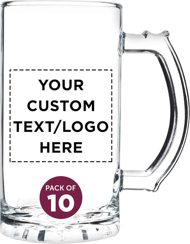 DISCOUNT PROMOS Custom Glass Beer Mug 16 oz. Set of 10, Personalized Bulk Pack - Great for Wedding Favors, Groomsmen Gifts, Birthday Gifts - Clear Bottom Color
