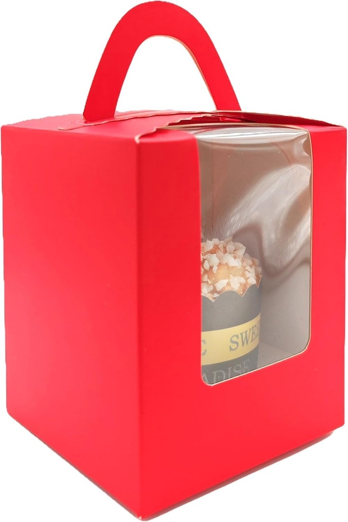 100-Set Individual Cupcake Boxes Bulk with Clear Display Window, Disposable Food Grade Red Cupcake Carrier Cupcake Container, Perfect for Cupcakes Muffins Cookies Pastries